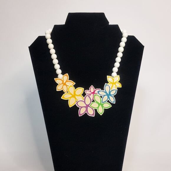 Jewelry - Vintage 80s Chunky White Bead Necklace Floral Pastel Statement Maximalist Retro